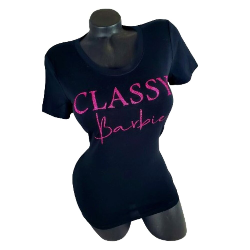 Classy Barbie on a Black Fitted Spandex Tee with Shiny Glitter Lettering!